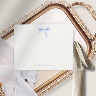 Faux Guld & Benvit Blue Ribbon Knot Bröllop Anteckningskort
