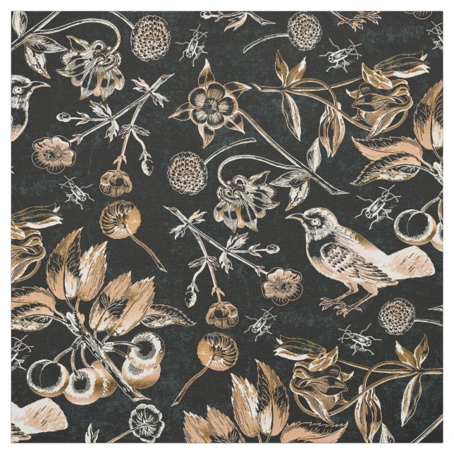 Faux Guld Birds Beetles Flowers Cherry Fruits Tyg (Provkarta)