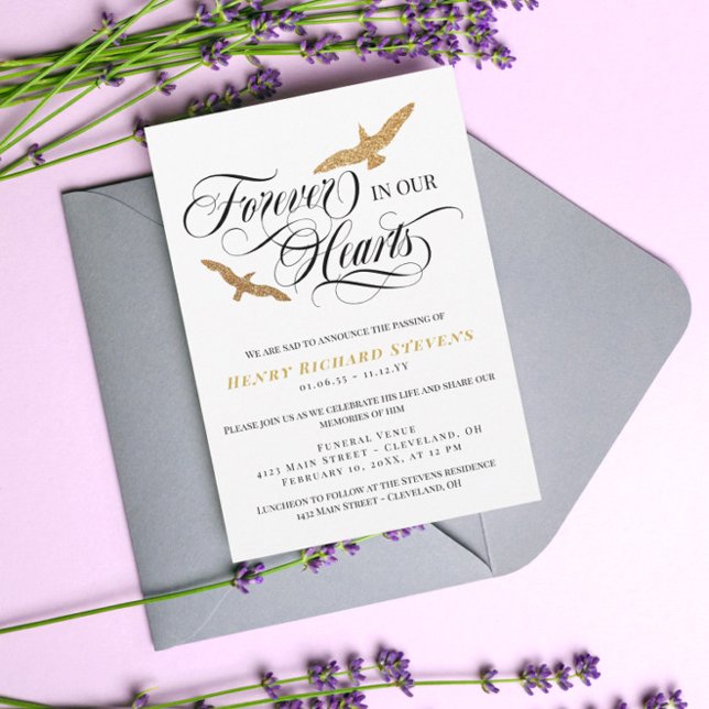Faux Guld Birds Forever in our Hearts Funeral Inbjudningar (Skapare uppladdad)