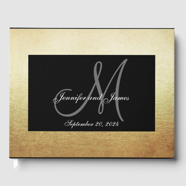 Faux Guld Black Elegant Monogram Photo Bröllop Gästböcker (Framsida)