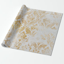 Faux Guld Blommigt Cottage Grungy Damask Grått Roy