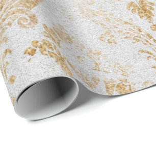 Faux Guld Blommigt Cottage Grungy Damask Grått Roy Presentpapper