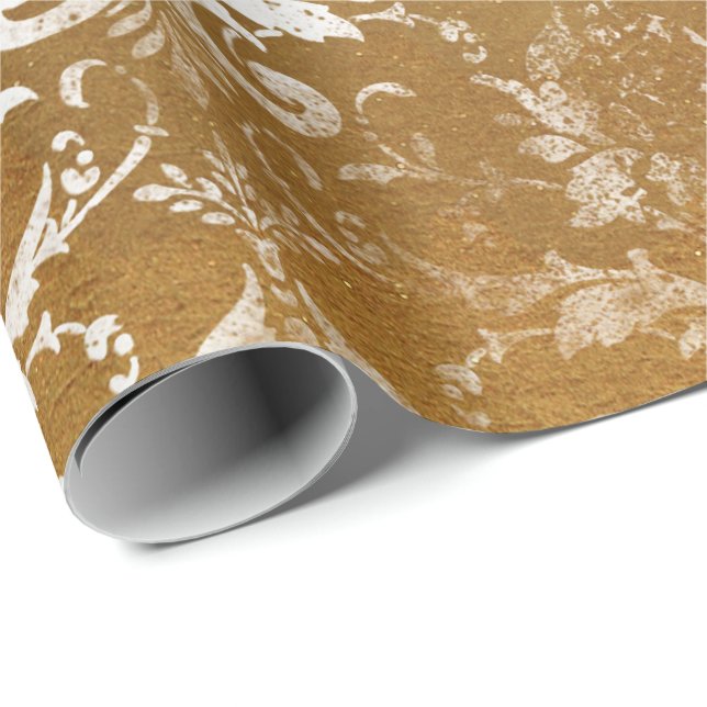 Faux Guld Blommigt Cottage Grungy Damask White Roy Presentpapper (Rullad Hörn)