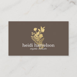 Faux Guld Blommigt Logotyp om Mörk Brown Visitkort