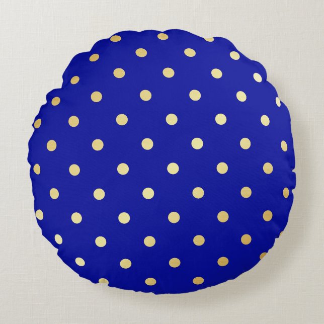 faux guld blue polka dots rund kudde (Framsidan)