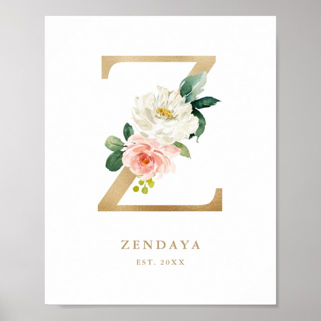 Faux Guld Brev Z Monogram  Blommigtar Nursery Poster (Framsidan)