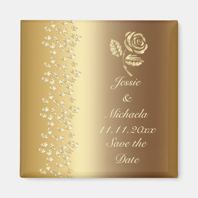 Faux Guld Bröllop Ro och Hearts Spara datum Magnet (Framsidan)