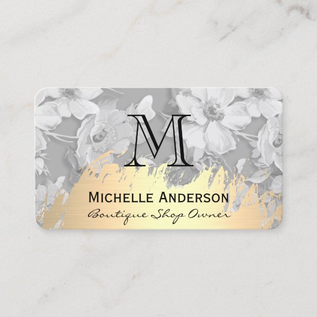 Faux Guld Brushed Classic Monogram Flower Mönster Visitkort (Framsida)