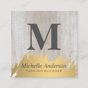 Faux Guld Brushed Monogram   Trä Grain Fyrkantigt Visitkort