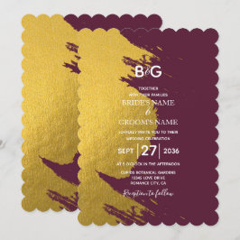 Faux Guld Brushstrokes & Burgundy med Monogram in Inbjudningar
