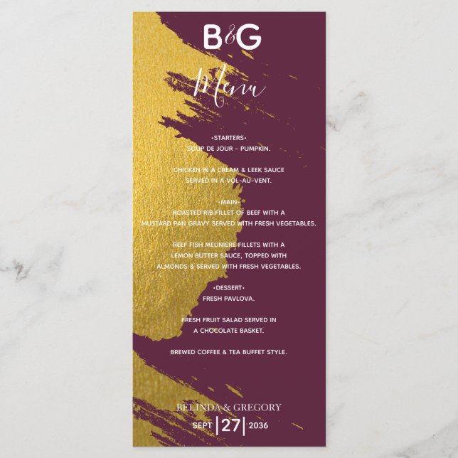 Faux Guld Brushstrokes Burgundy, Monogram Bröllop Meny (Framsida)