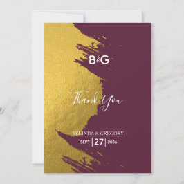 Faux Guld Brushstrokes Burgundy, Monogram Bröllop Tack Kort