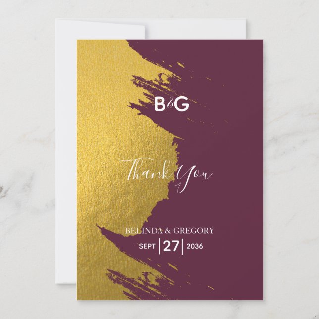 Faux Guld Brushstrokes Burgundy, Monogram Bröllop Tack Kort (Baksida)