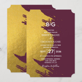 Faux Guld Brushstrokes & Burgundy with Monogram Inbjudningar