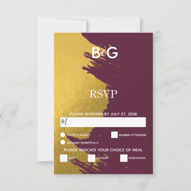 Faux Guld Brushstrokes & Burgundy with Monogram OSA Kort (Framsida)
