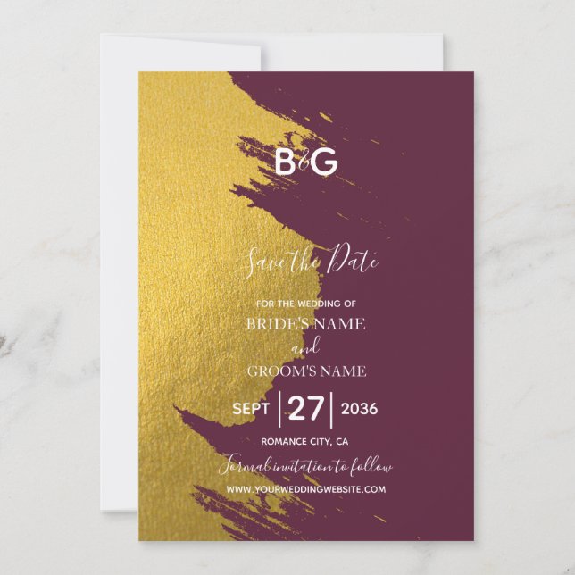 Faux Guld Brushstrokes & Burgundy with Monogram Spara Datumet (Framsida)