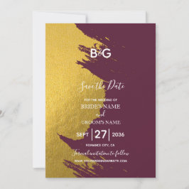 Faux Guld Brushstrokes & Burgundy with Monogram Spara Datumet