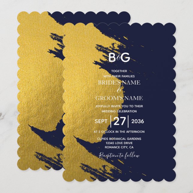 Faux Guld Brushstrokes & Navy Blue med Monogram I Inbjudningar (Fram/baksida)