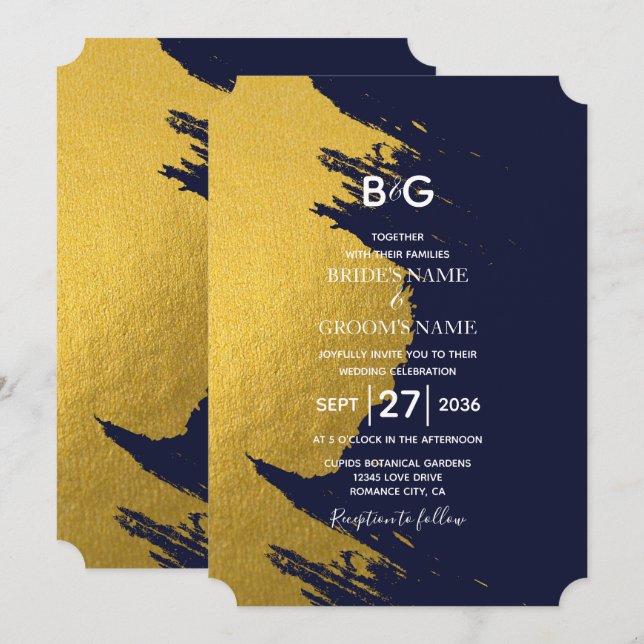 Faux Guld Brushstrokes & Navy Blue med Monogram Inbjudningar (Fram/baksida)