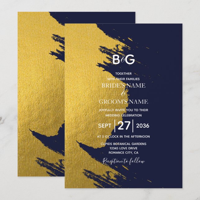 Faux Guld Brushstrokes & Navy Blue med Monogram Inbjudningar (Fram/baksida)