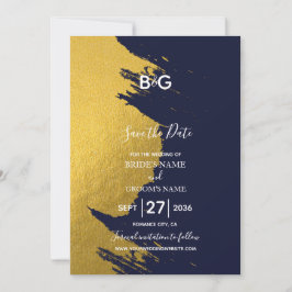 Faux Guld Brushstrokes & Navy Blue med Monogram Spara Datumet
