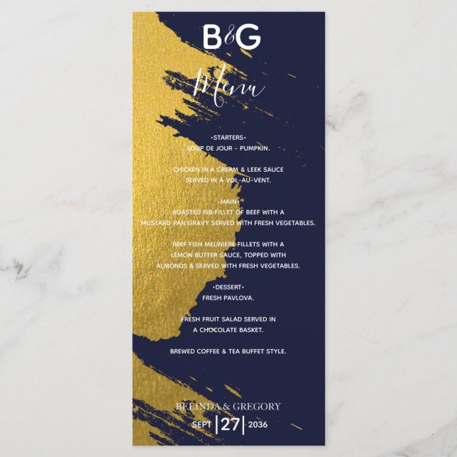 Faux Guld Brushstrokes Navy Blue Monogram Bröllop Meny (Framsida)