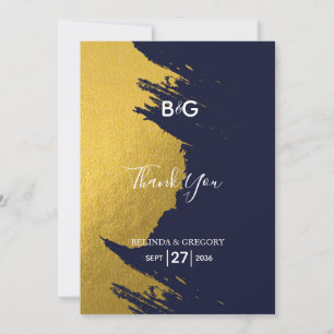 Faux Guld Brushstrokes Navy Blue Monogram Bröllop Tack Kort