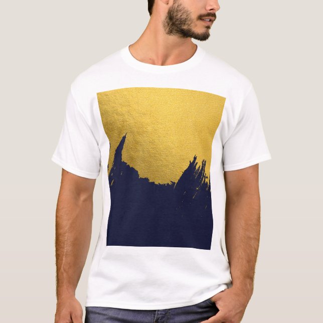 Faux Guld Brushstroks med marinblå bakgrund T Shirt (Framsida)