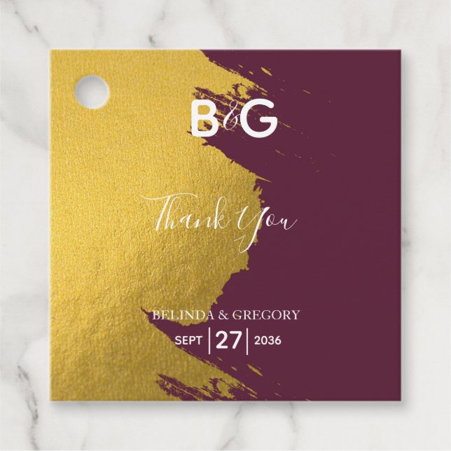 Faux Guld Burgundy, Monogram Bröllop Gift Gåvor Etiketter (Framsida)