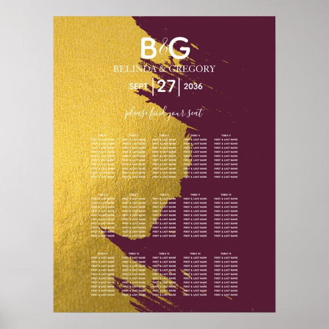 Faux Guld Burgundy, Monogram Bröllop-sätesdiagram Poster (Framsidan)