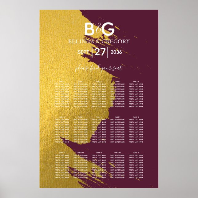 Faux Guld Burgundy, Monogram Bröllop-sätesdiagram Poster (Framsidan)