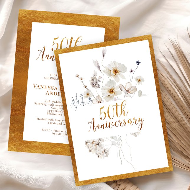 Faux Guld Calligraphy Blommigt 50-årsdagen Inbjudningar (Golden 50th Anniversary Invitation Faux Gold Calligraphy, Floral 50th Anniversary Invitation,  )