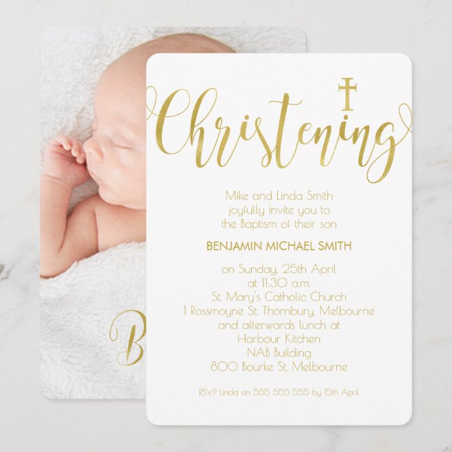 Faux Guld Calligraphy Photo Christening Inbjudan (Fram/baksida)