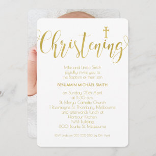 Faux Guld Calligraphy Photo Christening Inbjudan