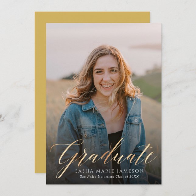 Faux Guld Calligraphy Student Photo Inbjudningar (Fram/baksida)