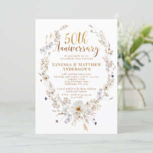 Faux Guld Calligraphy Wildbloms femtioårsjubileum Inbjudningar