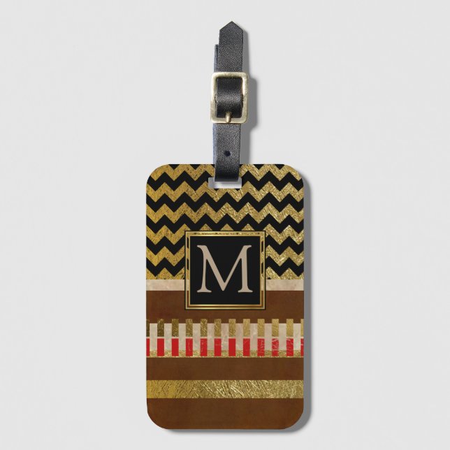 faux guld chevron rand monogrammad bagagebricka (Framsida vertikal)