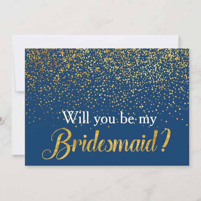 Faux Guld Confetti Navy, blir du min Bridesmaid Inbjudningar (Framsida)