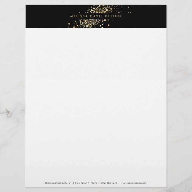 Faux Guld Confetti på Black Modern Letterhead Brevhuvud (Framsida)