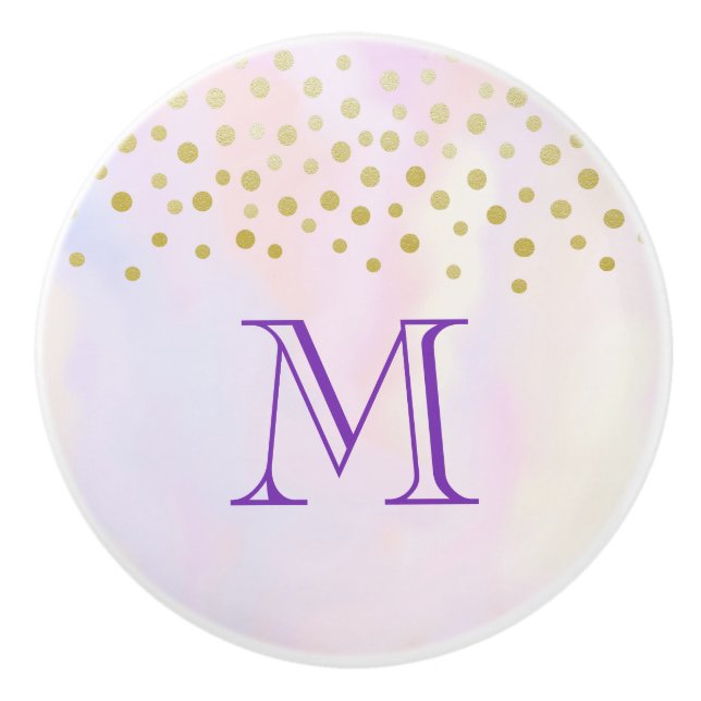 Faux Guld Confetti på Lila Watercolor Monogram Knopp (Framsidan)