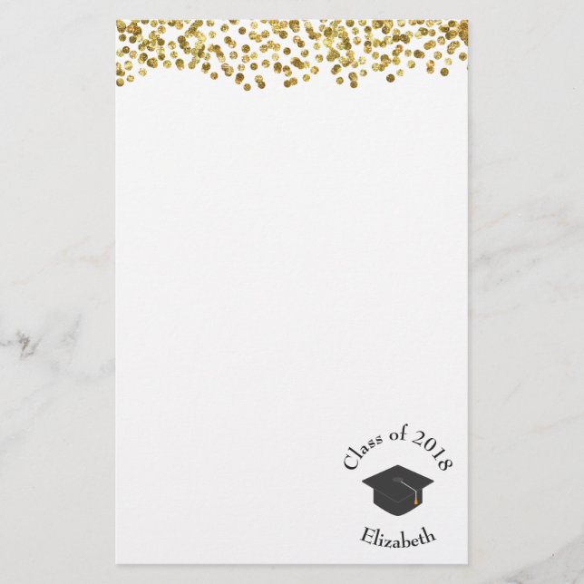 Faux Guld Confetti & Studentmössa klass 20xx Brevpapper (Framsida)