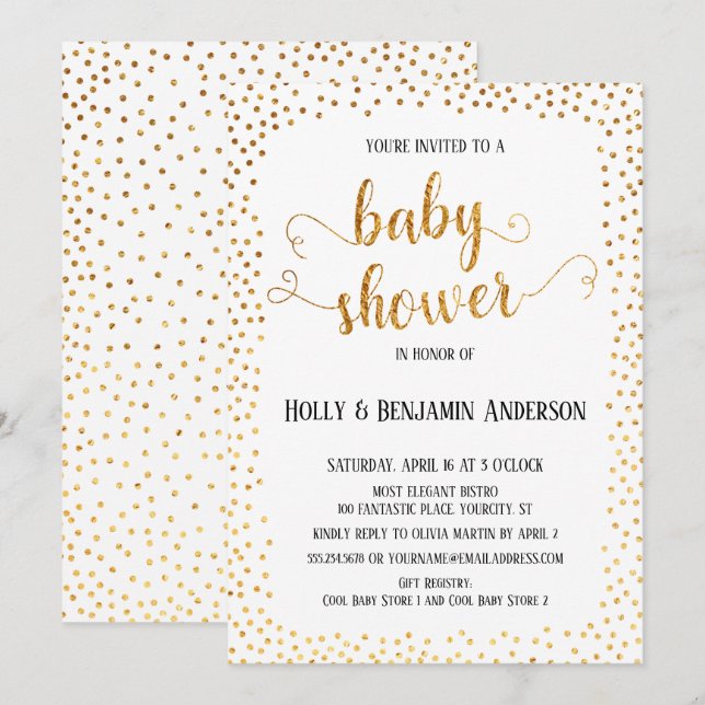Faux Guld Confetti Typography Baby Shower Inbjudningar (Fram/baksida)