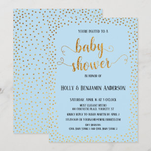 Faux Guld Confetti Typography Blue Baby Shower Inbjudningar