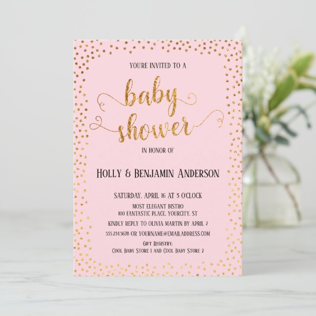 Faux Guld Confetti Typography Rosa Baby Shower Inbjudningar (Stående Fram)