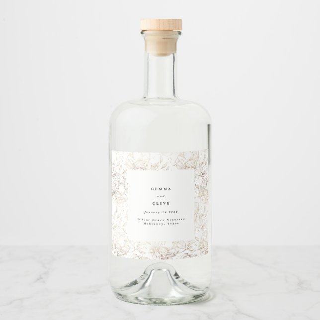Faux Guld Elegant Blommigt Bröllop Gift Gin Spritflaskor Etikett (Framsida)