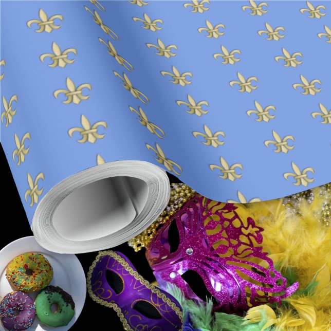 Faux Guld FleurDeLis on Blue Presentpapper (Faux Gold FleurDeLis on Blue Wrapping Paper Roll by Leapfroglisics Shop)