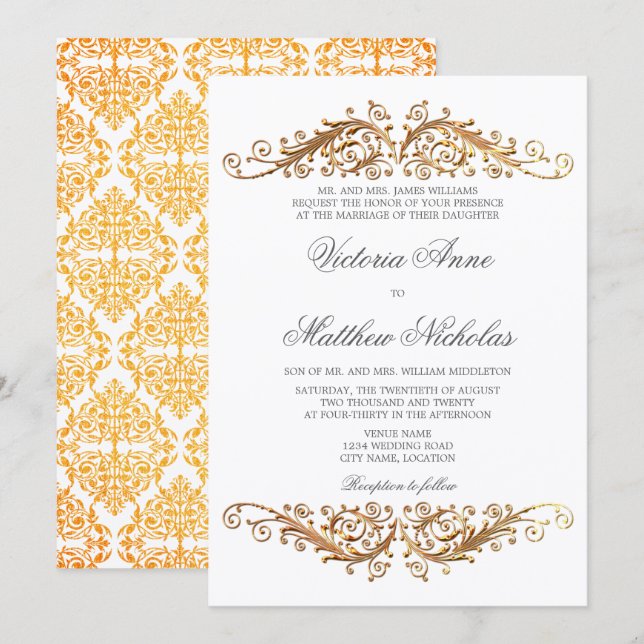 Faux Guld Flourish Damask Inbjudningar (Fram/baksida)