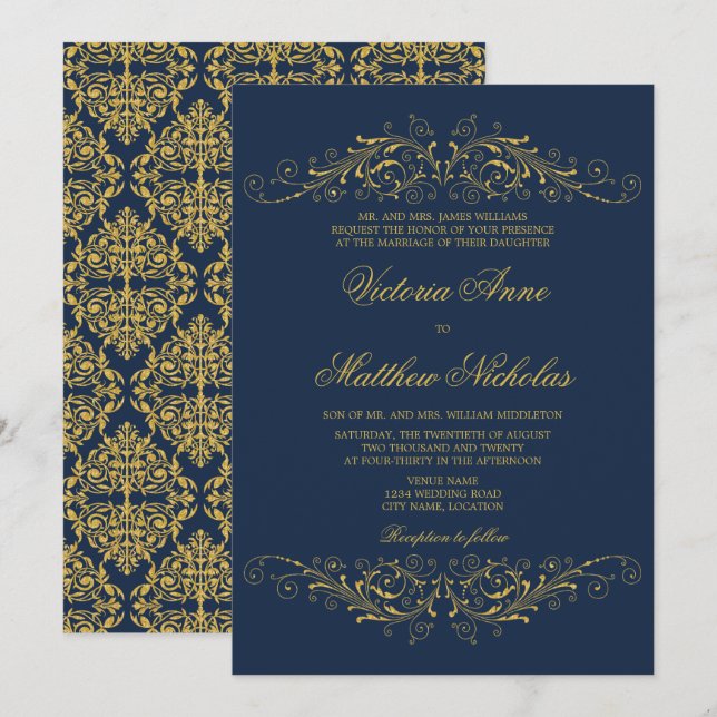 Faux Guld Flourish Damask Navy Blue Inbjudningar (Fram/baksida)
