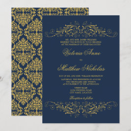Faux Guld Flourish Damask Navy Blue Inbjudningar