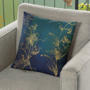 Faux guld foil botanique löv navy vintage chic kudde